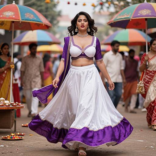 Photograph of a confident woman with dark hair, wearing a white and purple traditional outfit, walking through a colorful, busy street festival with umbrellas and