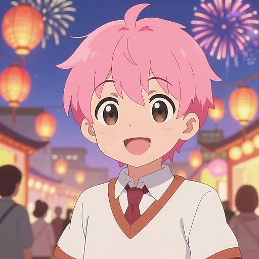 Cheerful Pink-Haired Anime Boy Festival