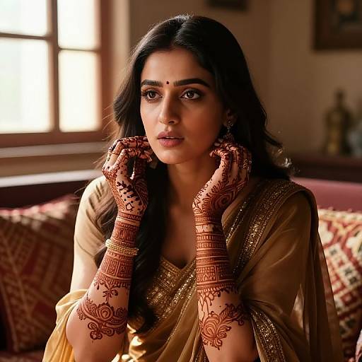 Photograph of a beautiful Indian woman with dark hair, brown eyes, and intricate henna designs on her hands and forehead, wearing a golden saree