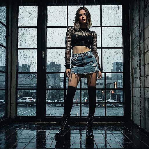 Alt Fashion Woman in Denim Micro Skirt