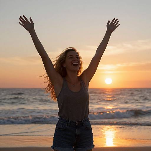 Photograph of a smiling woman with long blonde hair, wearing a gray tank top and denim shorts, raising her arms at sunset on a beach with waves