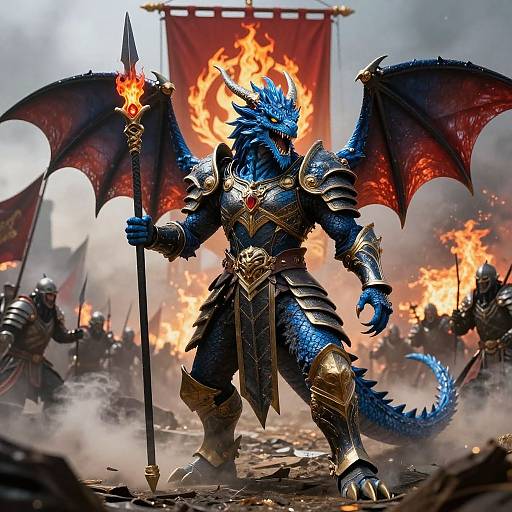 Fierce Blue Dragon Warrior on Battlefield