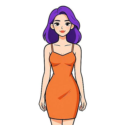 Digital anime-style drawing of a woman with purple hair, wearing a tight, orange, spaghetti-strap dress, standing against a white background.