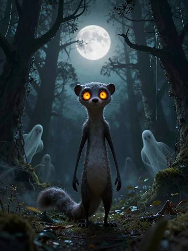 Digital artwork of a creepy, glowing-eyed raccoon standing in a dark, misty forest at night, with ghostly white spirits in the background under