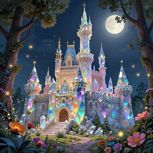 Enchanted fairy-tale castle glowing with colorful crystals under a bright full moon, surrounded by vibrant flowers and twinkling lights in a magical forest.