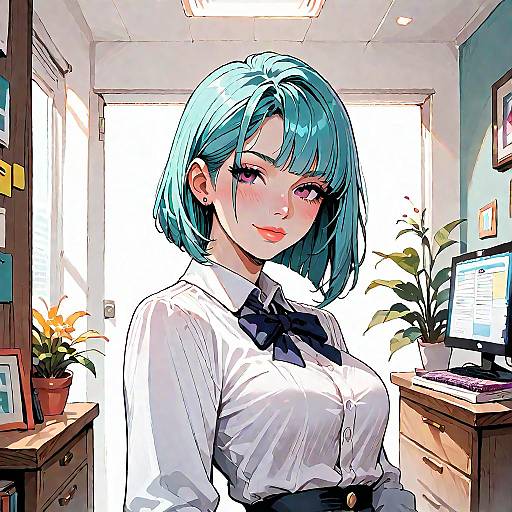 Digital anime-style drawing of a blue-haired woman in a white blouse with a black bow, standing in a bright office with potted plants and computer.