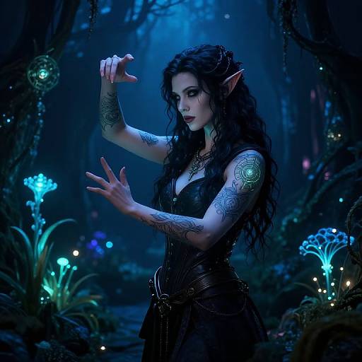 Digital fantasy artwork of a dark-haired, tattooed elf woman with pointed ears, in a dark, glowing forest, casting spells with glowing fingers.