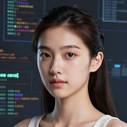 Photograph of a young Asian woman with fair skin, long black hair, and brown eyes, wearing a white tank top, against a dark, code