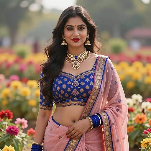 Indian Woman in Traditional Saree in Garden