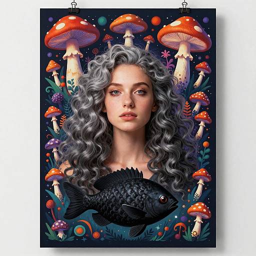 Psychedelic Portrait with Black Fish and Mushrooms