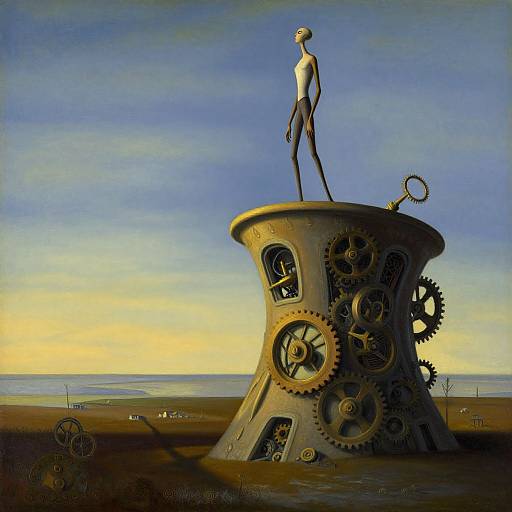 A surreal digital painting of a slender, androgynous figure standing on a large, cylindrical, gear-filled structure against a blue-yellow sky.