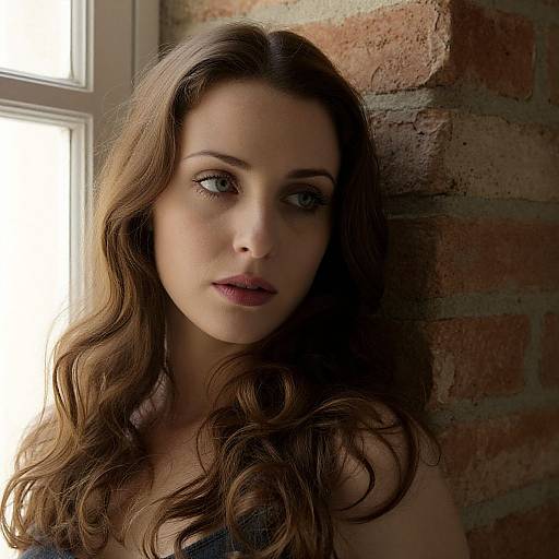Photograph of a serious-faced woman with long, wavy brown hair, blue eyes, and wearing a dark top, standing against a brick wall with