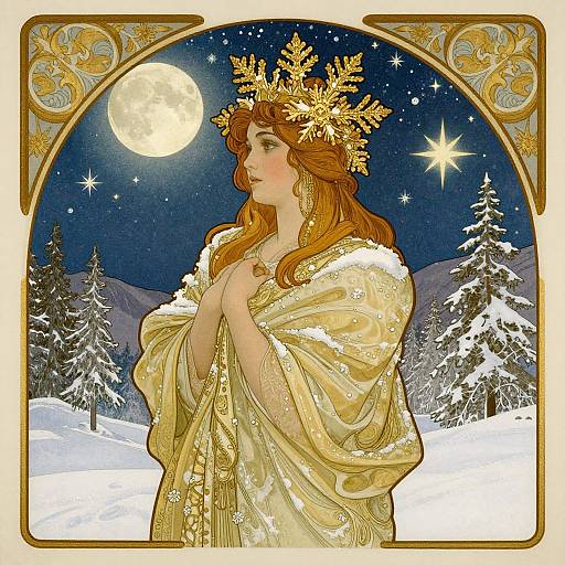 Digital art of a fair-skinned, red-haired woman with a golden snowflake crown, wearing a glittering, gold-embroidered robe,