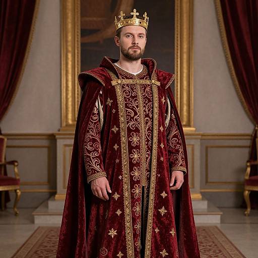 Photograph of a bearded man in a regal, gold-embroidered red velvet robe and crown, standing in an opulent, gold