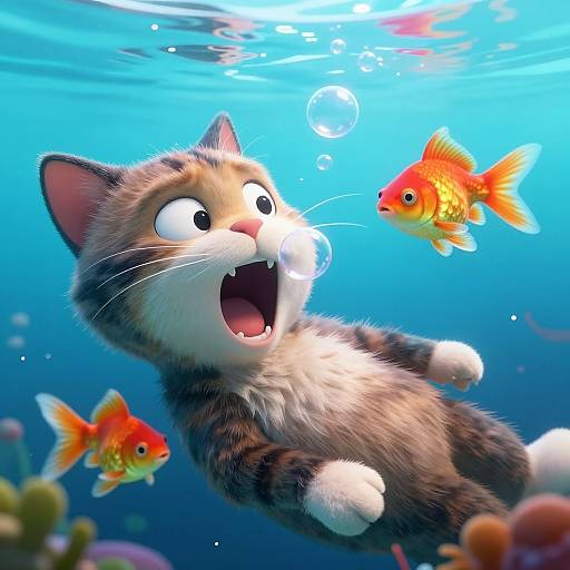Digital illustration of a surprised, floating, gray tabby cat with white paws, mouth open wide, surrounded by three vibrant orange goldfish in a