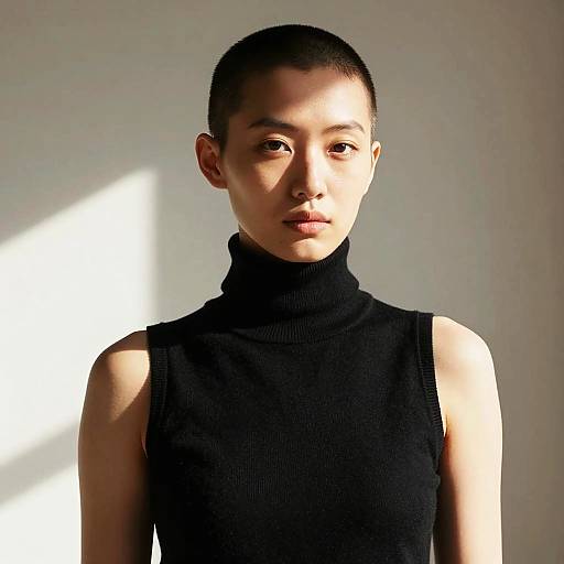 Portrait of Woman with Shaved Head in Black Turtleneck