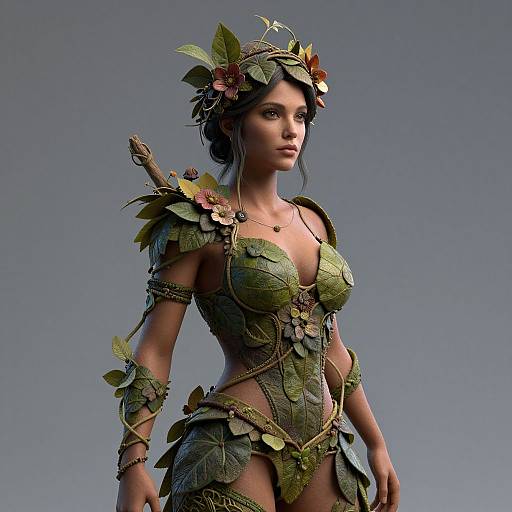 CGI fantasy image of a beautiful woman with green leaf armor, floral crown, and vine accessories, standing against a clear blue sky.