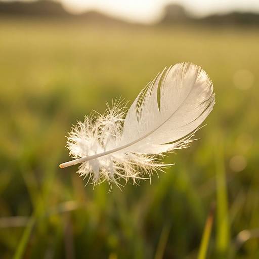 Close-up photograph of a glowing white feather with delicate, soft plumes, floating in a sunlit, blurred green field.