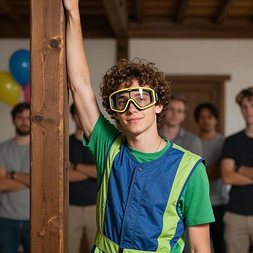 Young man in racing vest leaning on wooden pillar