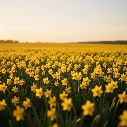Photograph of a vast yellow daffodil field at sunset, with bright sunlit flowers in the foreground and a blurred horizon in the background.