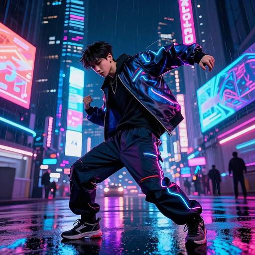 Digital anime-style photograph of a young man in a neon-lit, rainy urban street, wearing a black jacket and pants, striking a dynamic pose with