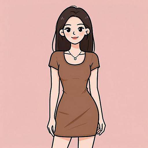 Digital anime-style drawing of a cute, fair-skinned young woman with long black hair, wearing a brown short-sleeve dress and necklace, standing