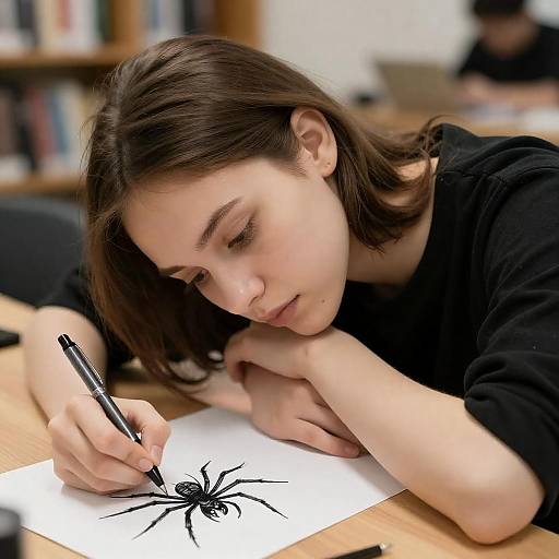 Young Woman Drawing an Ink Spider