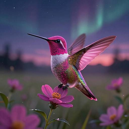 Photograph of a vibrant, pink and white hummingbird with iridescent green and purple feathers, hovering over a pink flower against a twilight sky with
