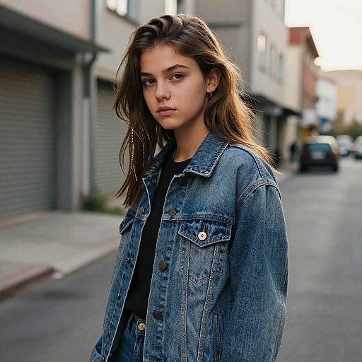 Photograph of a young woman with long brown hair, wearing a blue denim jacket over a black shirt, standing on a narrow urban street with blurred buildings