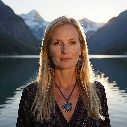 Photograph of a blonde, fair-skinned woman with straight hair, wearing a black patterned top and necklace, standing by a serene mountain lake at