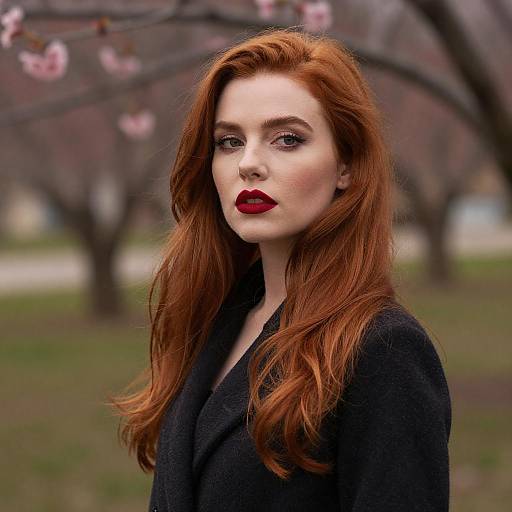 Photograph of a pale-skinned, red-haired woman with long, wavy hair, wearing dark red lipstick and a black coat, standing in a
