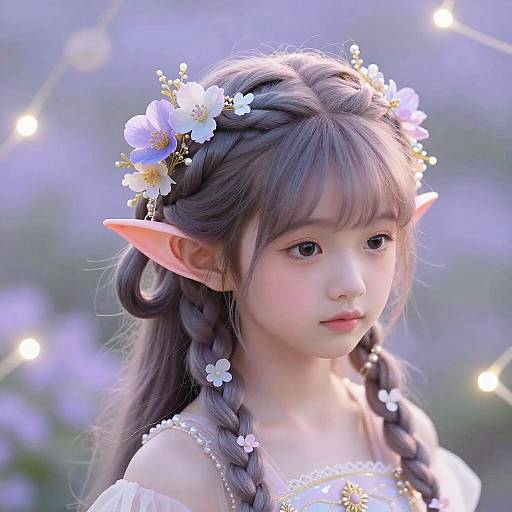 Photograph of an ethereal Asian girl with long braided hair, elf-like ears, flower crown, and white dress, set against a softly blurred