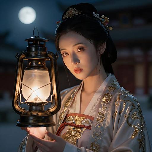 Photograph of a beautiful Asian woman in traditional, ornately embroidered kimono, holding a glowing lantern under a moonlit night sky.