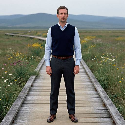 Photograph of a serious, bearded man in a white shirt, black vest, and pants, standing on a wooden path in a grassy me