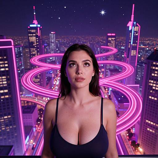 Photorealistic digital art of a young woman with fair skin, dark hair, and large breasts, wearing a black tank top, standing in front of