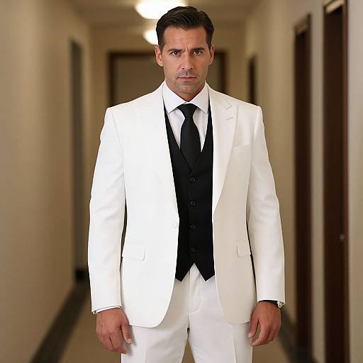 Photograph of a serious-looking man with short, dark hair in a white suit, black vest, and tie, standing in a dimly lit hallway
