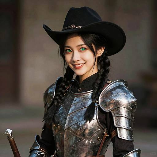 Photorealistic digital art of an Asian woman with green eyes, black braid, wearing silver armor and black cowboy hat, smiling. Background is blurred
