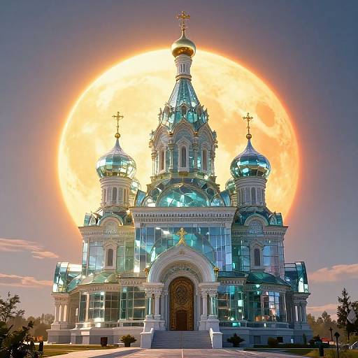 Photograph of an ornate, multi-domed Orthodox church illuminated by a large, glowing orange full moon in a twilight sky.