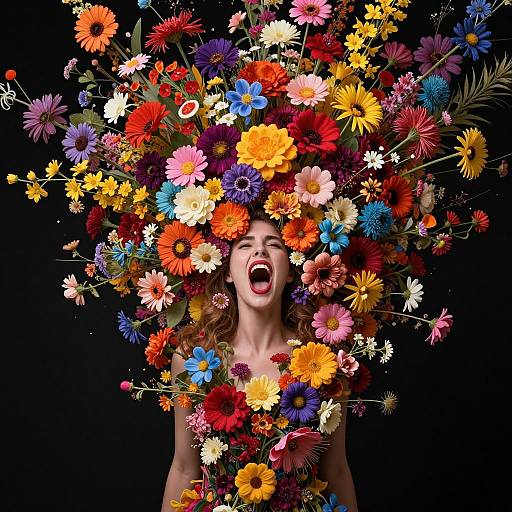 Photograph of a woman with a colorful, oversized flower headdress, laughing joyfully against a black background. Vibrant flowers cover her head and shoulders