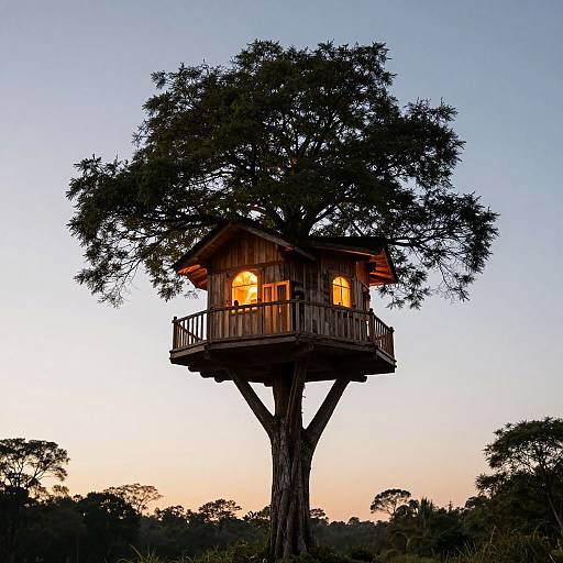 Photograph of a wooden treehouse with warm yellow lights, perched high in a tall tree at sunset, surrounded by dark silhouettes of forest
