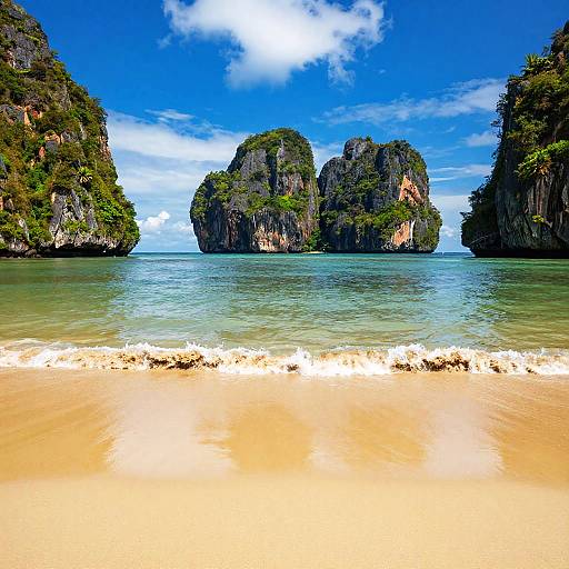 Photograph of a tropical beach with golden sand, turquoise water, and three lush, rocky islands under a bright blue sky.
