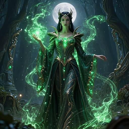 Digital artwork: Dark-haired, green-eyed sorceress with glowing green magic, ornate black and green gown, horned headpiece, moonlit