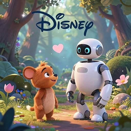 CGI image of a cute, brown-furred, anthropomorphic mouse with large ears standing in a sunlit forest, looking at a white, robotic