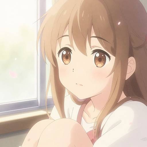 Digital anime-style drawing of a cute, brown-eyed, brown-haired girl with soft lighting from a window, sitting and looking forward.