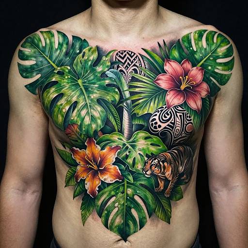 Tattooed shirtless man with vibrant tropical design: large green monstera leaves, pink and orange hibiscus flowers, black tribal