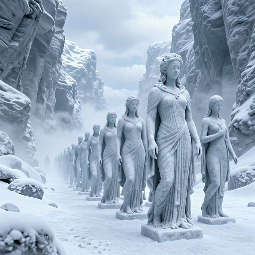 Photorealistic digital image of snow-covered classical statues of Greco-Roman women in flowing robes, standing in a narrow, rocky canyon.
