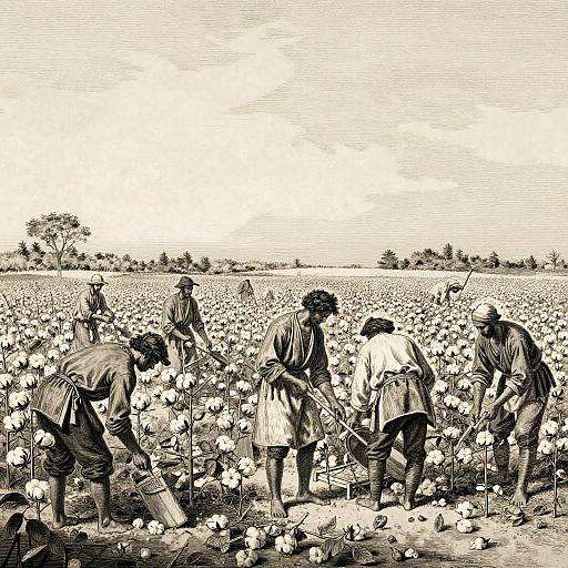 Black-and-white illustration of six farmers in traditional clothing bending over a vast cotton field, picking cotton, with a tree-lined horizon in the background.