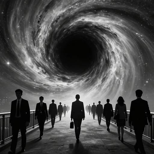 Silhouetted businesspeople walk on a bridge under a swirling, cosmic black-and-white sky, creating a surreal, galaxy-like tunnel effect. Digital