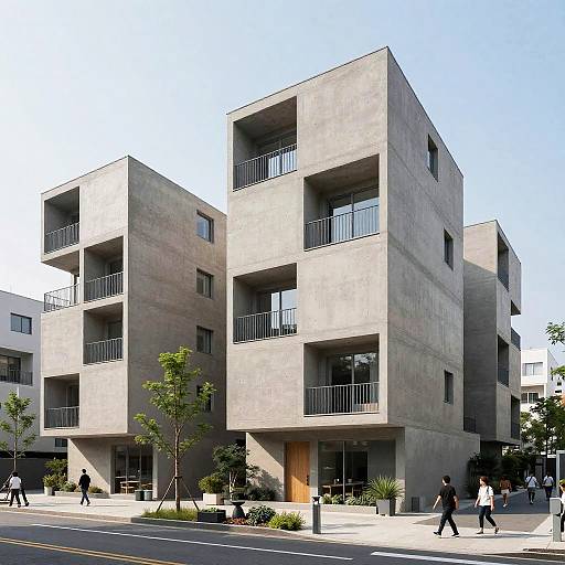 Photograph of a modern, concrete, four-story apartment building with large, rectangular windows and balconies; clear blue sky, small trees, and pedestrians