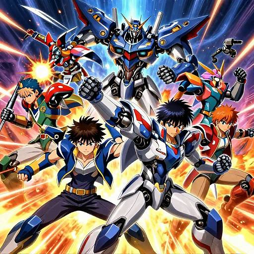 Dynamic anime-style illustration of six mecha-clad characters in action poses, surrounded by explosive energy, showcasing vibrant colors and intense motion.